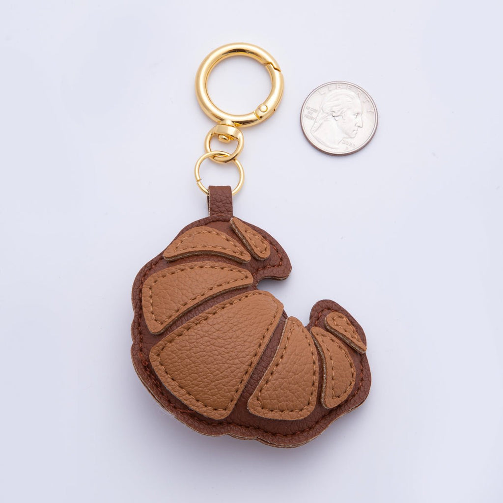 18K Gold Filled Croissant Baked Pastry Leather Keychain Bag Charm